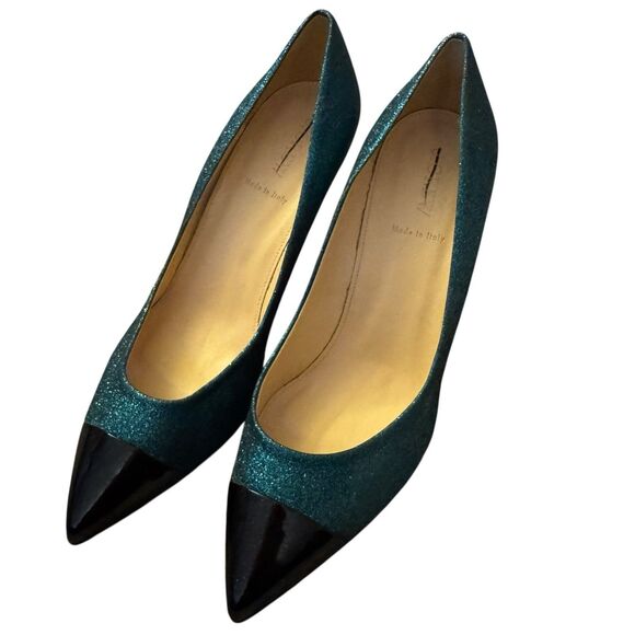 J CREW Teal Black Glitter Sparkles Captoe Heel Size 10 Pump Holiday Shoe - Picture 2 of 13